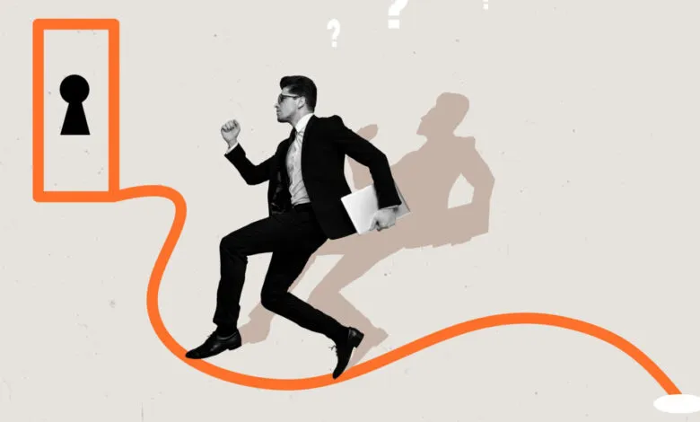 Man in suit runs toward keyhole, holding laptop, symbolizing opportunity.