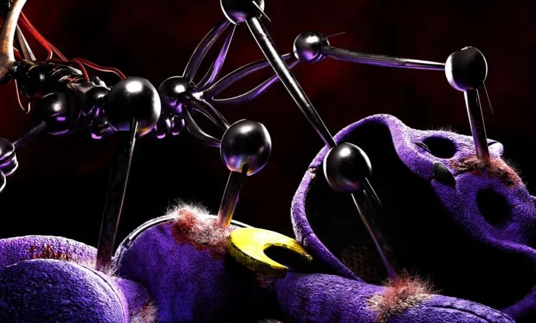 Abstract image of a purple creature being probed by metallic, spider-like device.