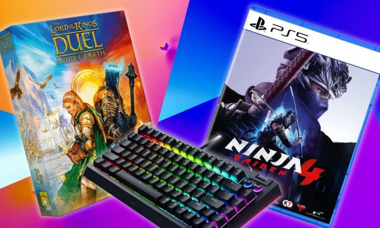 Lord of the Rings board game, Ninja Gaiden 4 PS5 game, and Razer keyboard.