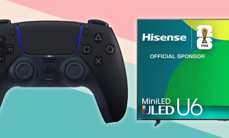 Black PlayStation 5 controller next to a Hisense TV showing FIFA World Cup sponsorship.