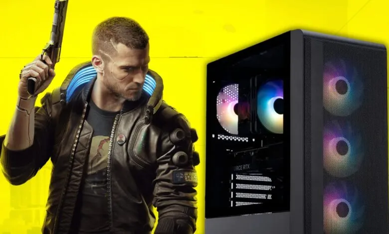 Cyberpunk character with gun next to a high-end gaming PC.