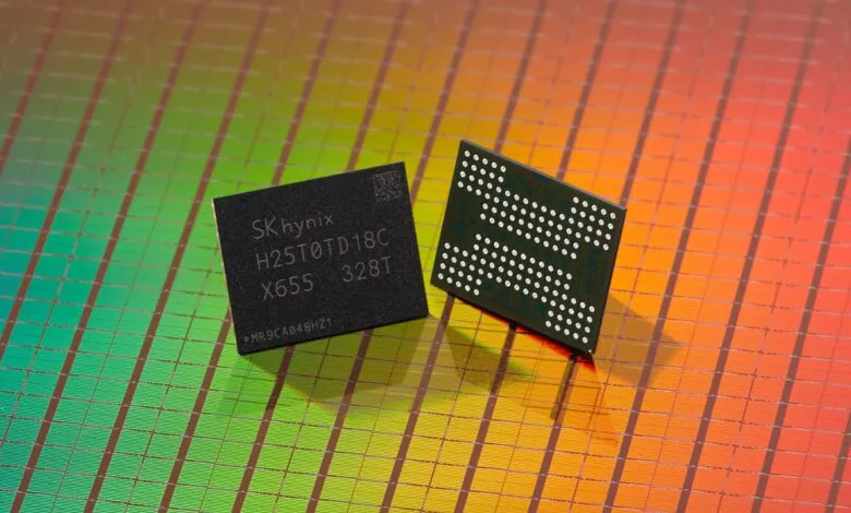 Two SK Hynix memory chips on a colorful wafer background.