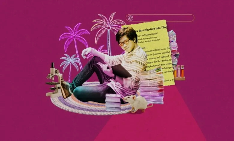 Collage of student reading with research elements, microscope, rat, and neon palms.