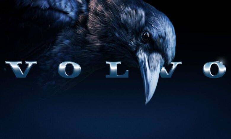 Close-up of a raven with the word VOLVO in metallic letters.