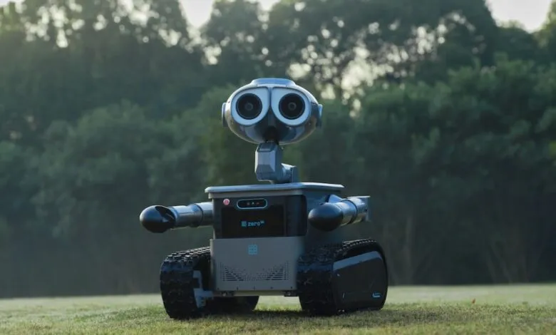 Gray robot with large eyes on treads stands in a grassy field.