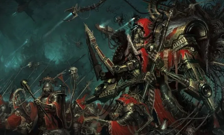 Warhammer 40K Adeptus Mechanicus army with robotic figures and dark atmosphere.
