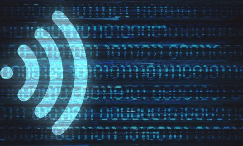 Wireless symbol overlayed on a background of binary code.