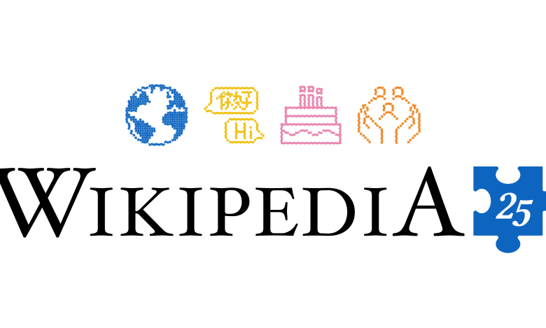 Wikipedia 25th anniversary logo with globe, cake, and puzzle piece.