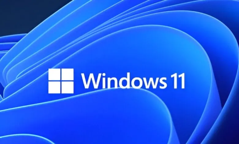Windows 11 logo on a blue abstract background.