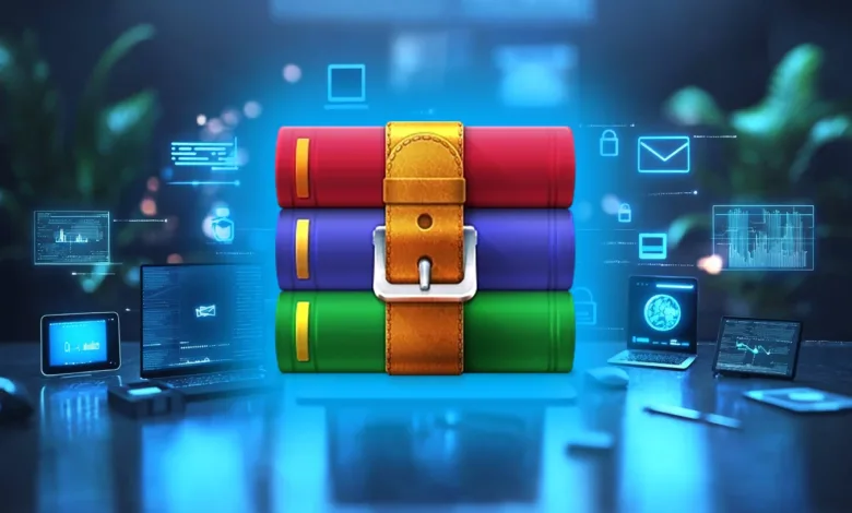 WinRAR archive icon with red, purple, and green files secured by a leather belt.