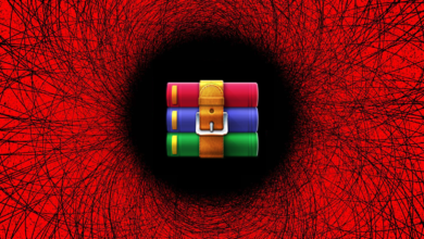 WinRAR icon with a red and black swirling background.