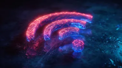 Glowing neon WiFi symbol with geometric design on dark surface.