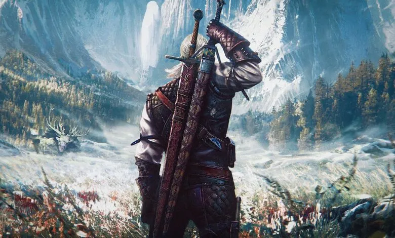 Geralt of Rivia stands in a snowy landscape with swords on his back.