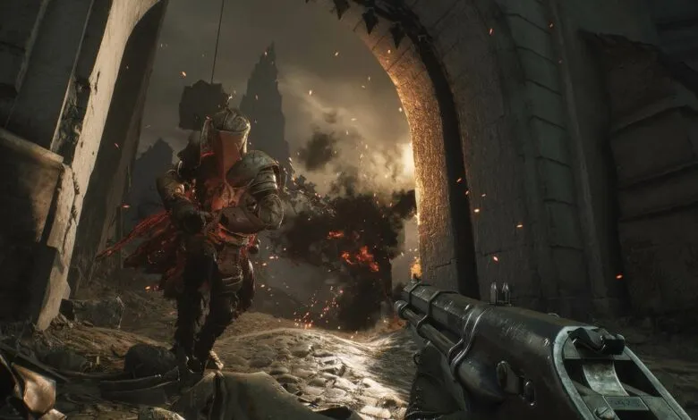 First-person view of a knight in a dark fantasy setting.