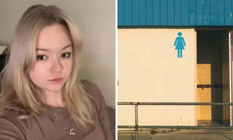 Split screen: woman's selfie and a public restroom entrance.