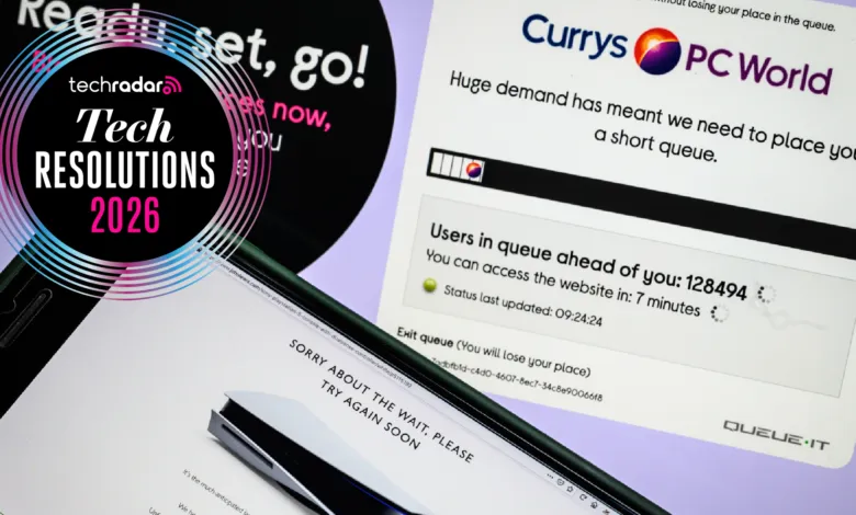 Tech Resolutions 2026 with Currys PC World queue and 'Sorry about the wait' message.