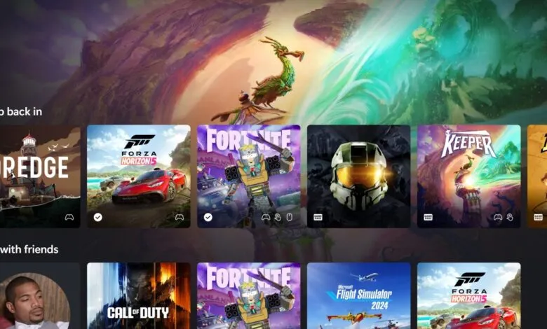 Xbox Cloud Gaming interface showing game tiles like Dredge, Forza Horizon 5, and Fortnite.