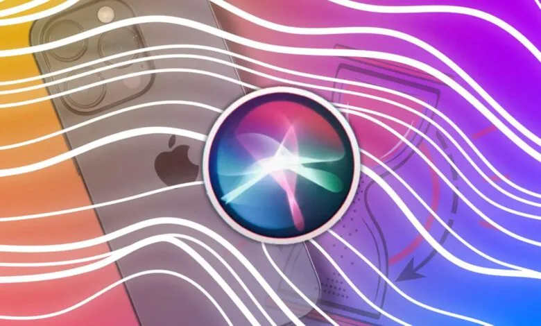 Apple iPhone with Siri logo overlayed on colorful background.
