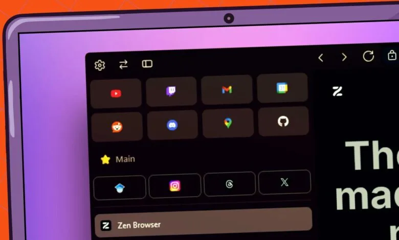 Zen Browser interface on a laptop screen displaying various app icons.