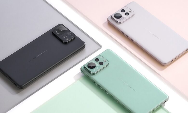 Three ASUS Zenfone smartphones in black, white, and green on pastel backgrounds.