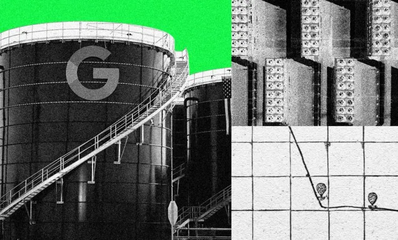 Composite image of Google-branded oil tanks, data center servers, and a downward trending graph.