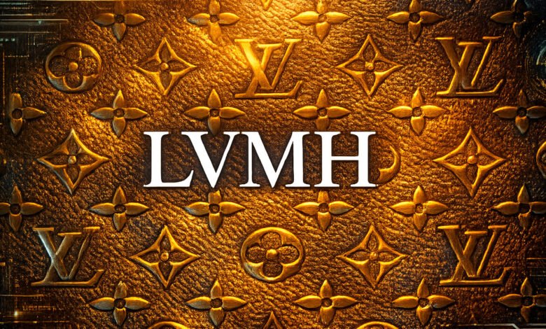 LVMH logo in white text on a textured gold background with Louis Vuitton symbols.