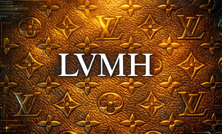 LVMH logo in white text on a textured gold background with Louis Vuitton symbols.