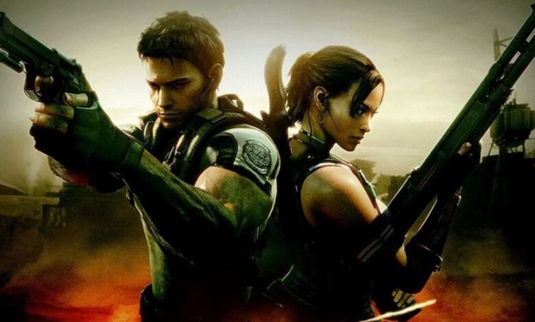 Chris Redfield and Jill Valentine stand back-to-back, armed and ready.