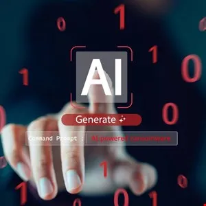AI interface with 'Generate' button and 'AI-powered ransomware' command prompt.