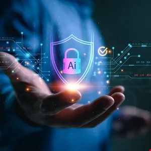 Hand holding a glowing shield with a padlock and 'AI' inside, representing AI security.