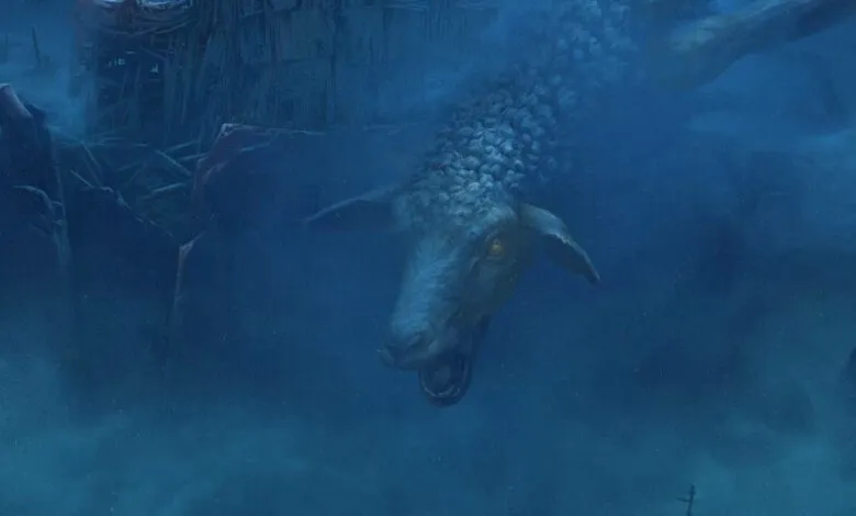 Surreal image of a sheep's head emerging from a foggy, dark blue landscape.