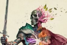 Surreal image of a skeleton knight with floral and plant elements.