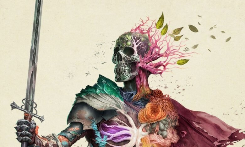 Surreal image of a skeleton knight with floral and plant elements.