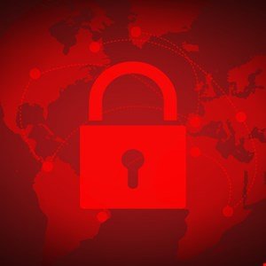 Red padlock icon centered over a world map, symbolizing global cybersecurity.