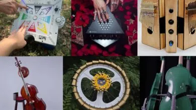 Collage of six unique, handcrafted musical instruments.