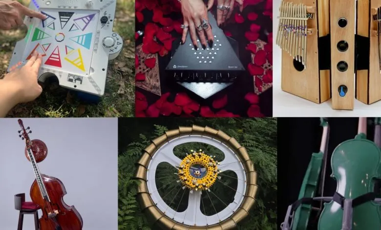Collage of six unique, handcrafted musical instruments.