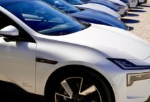 Line of Polestar 4 electric vehicles in white and dark colors.