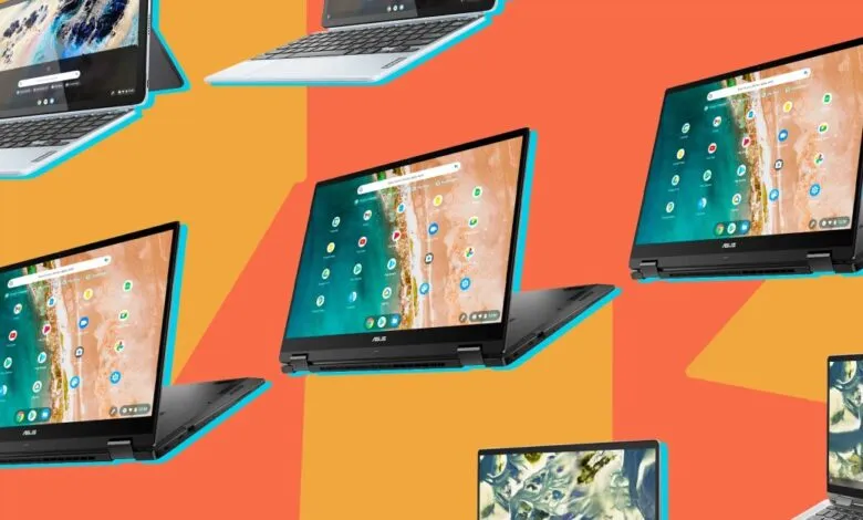 Multiple Chromebook laptops displayed on a vibrant orange and coral background.