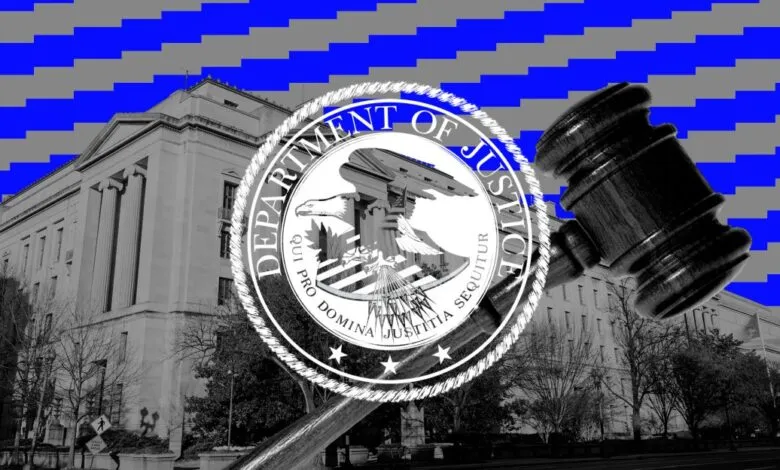 Department of Justice seal and gavel against building, blue and gray background.