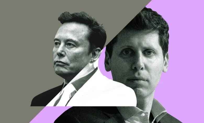 Split image of Elon Musk and Greg Brockman against gray and purple backgrounds.