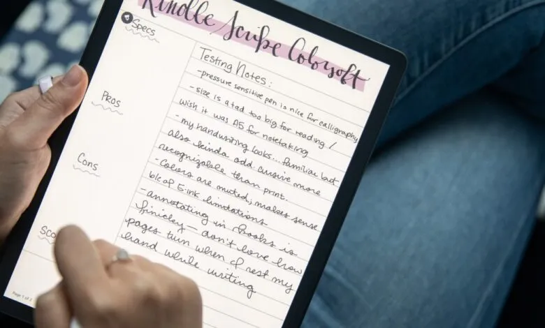 Kindle Scribe displaying handwritten notes on screen.