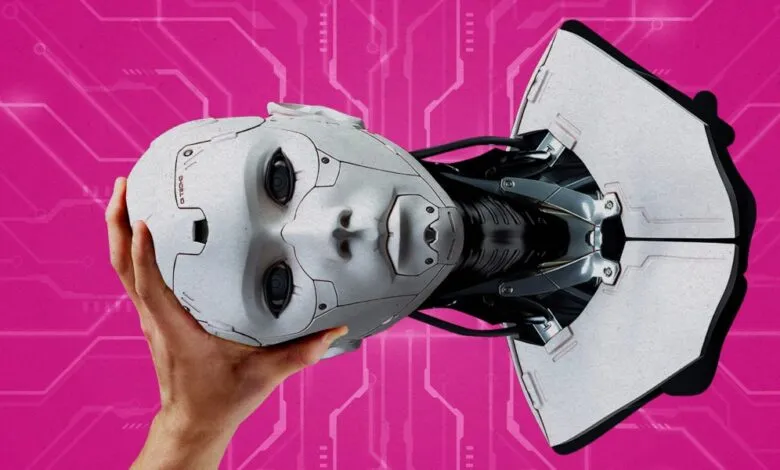 Hand holding a detached robot head against a pink circuit board background.