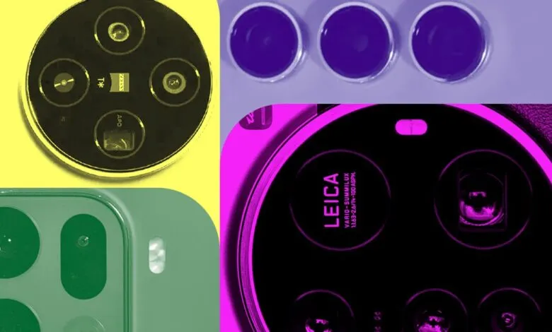 Collage of smartphone camera modules in yellow, purple, green, and pink.