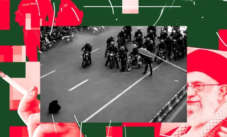 Collage featuring motorcycles, a cigarette, and Ayatollah Ali Khamenei.