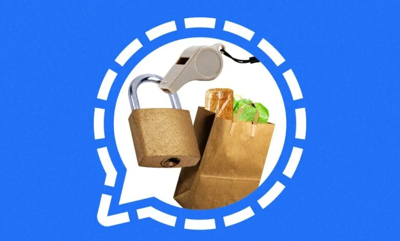 Signal app logo with padlock, whistle, and grocery bags, symbolizing secure community organizing.