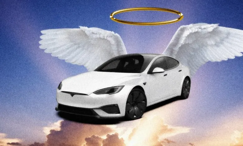White Tesla Model S with angel wings and halo floating in the sky.
