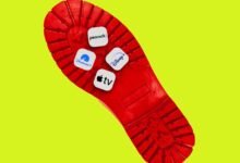 Streaming service logos on the sole of a red boot against a yellow background.