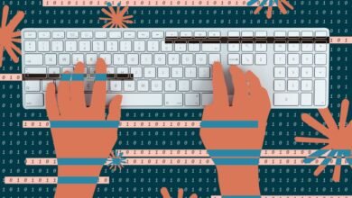 Hands typing on a white keyboard with binary code and abstract shapes overlayed.