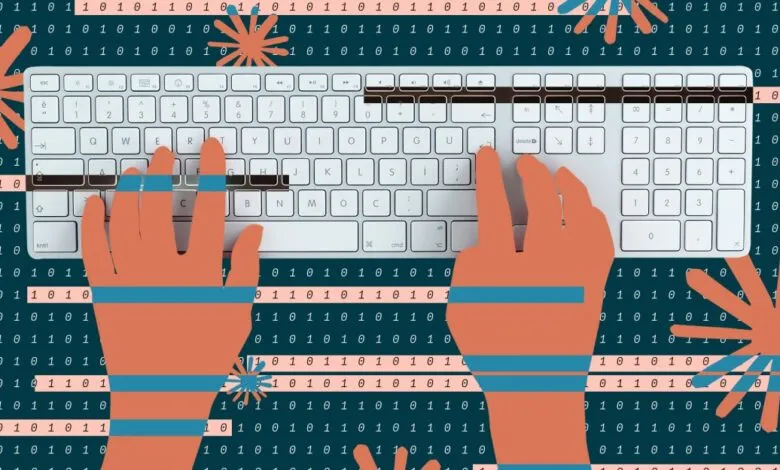 Hands typing on a white keyboard with binary code and abstract shapes overlayed.
