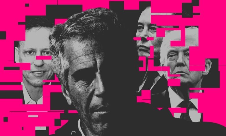 Composite image of Jeffrey Epstein, Peter Thiel, Bill Gates, and Donald Trump.